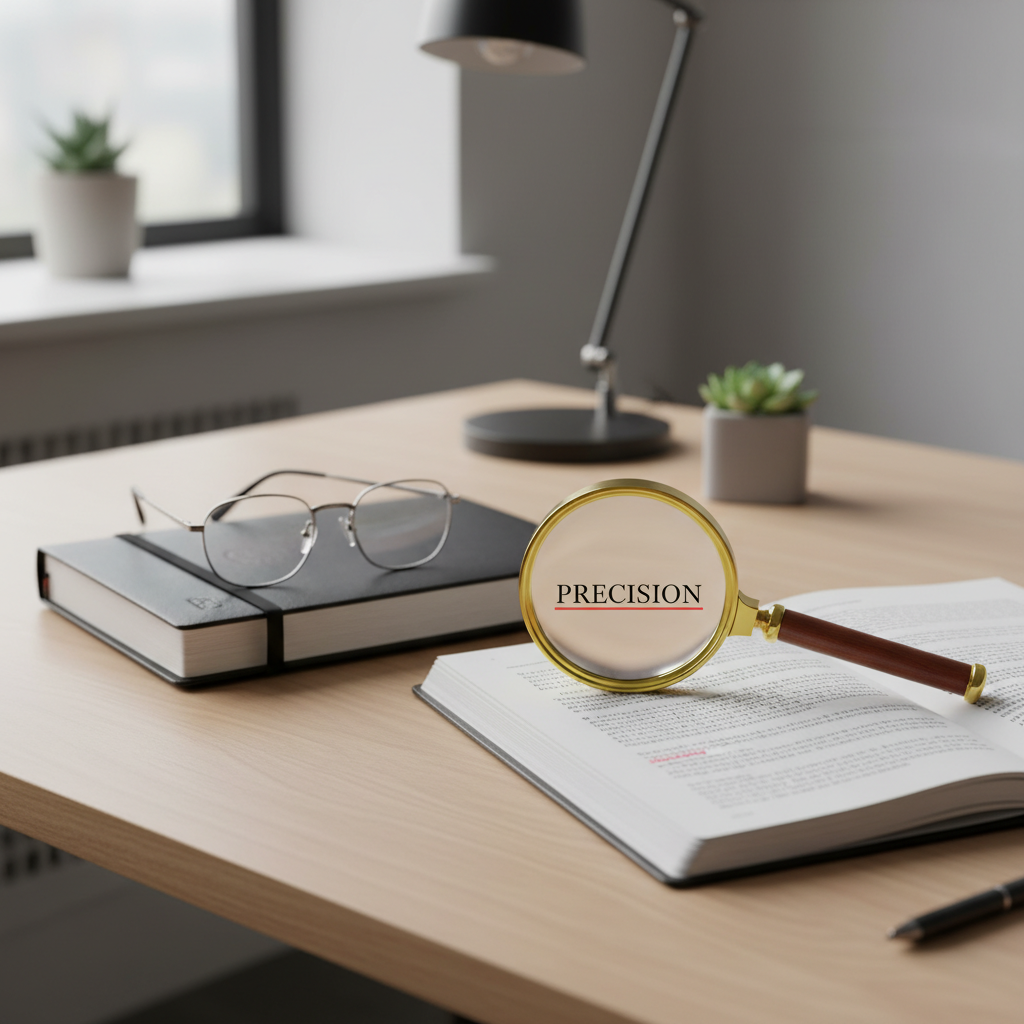 A minimalist aesthetic desk with a pair of glasses, a high-end notebook, and a magnifying glass focusing on a specific word, representing meticulous proofreading and editing.